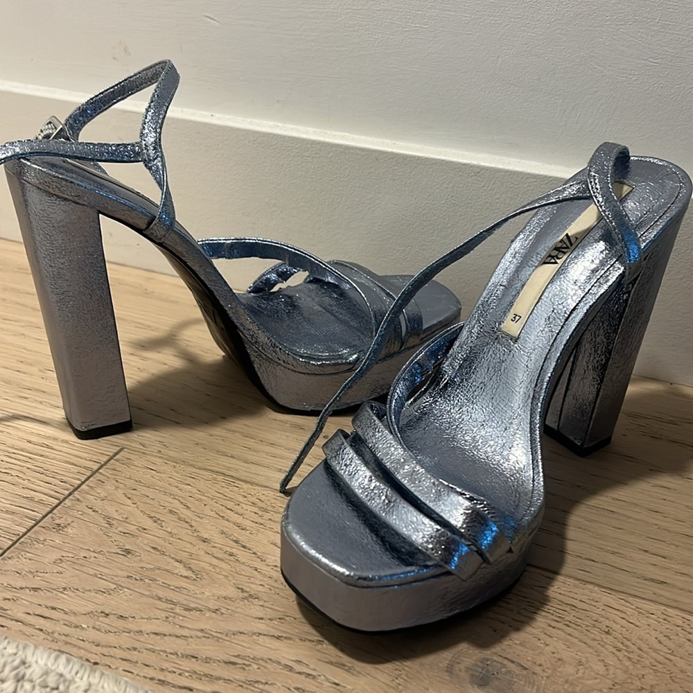 Zara Metallic Silver Platform Block Heel Sandals